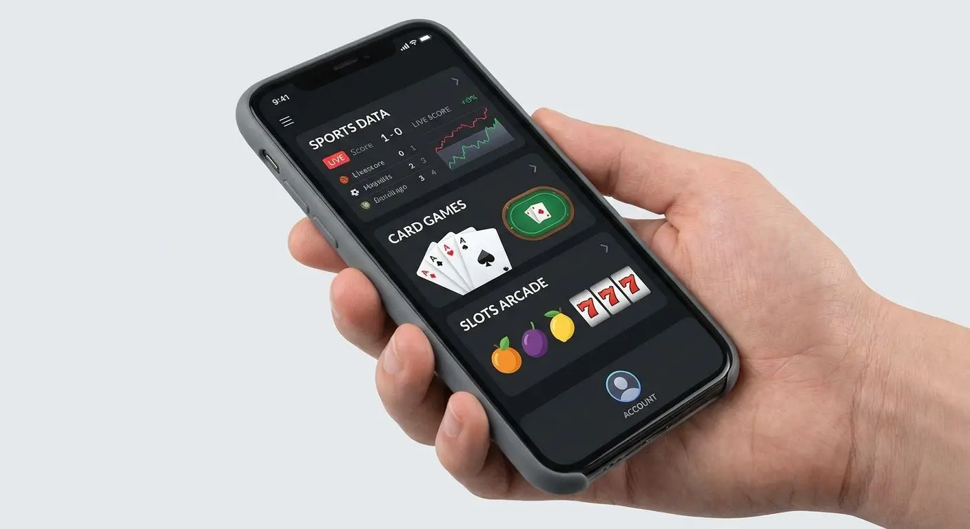 Navegación genérica en app móvil con deportes, casino y slots