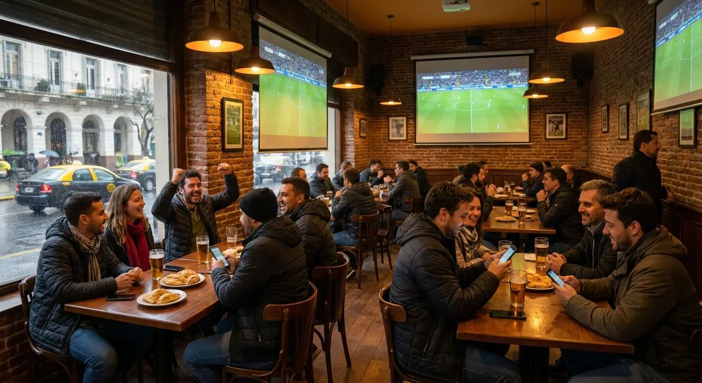 Ambiente de bar deportivo con personas mirando fútbol y usando el celular