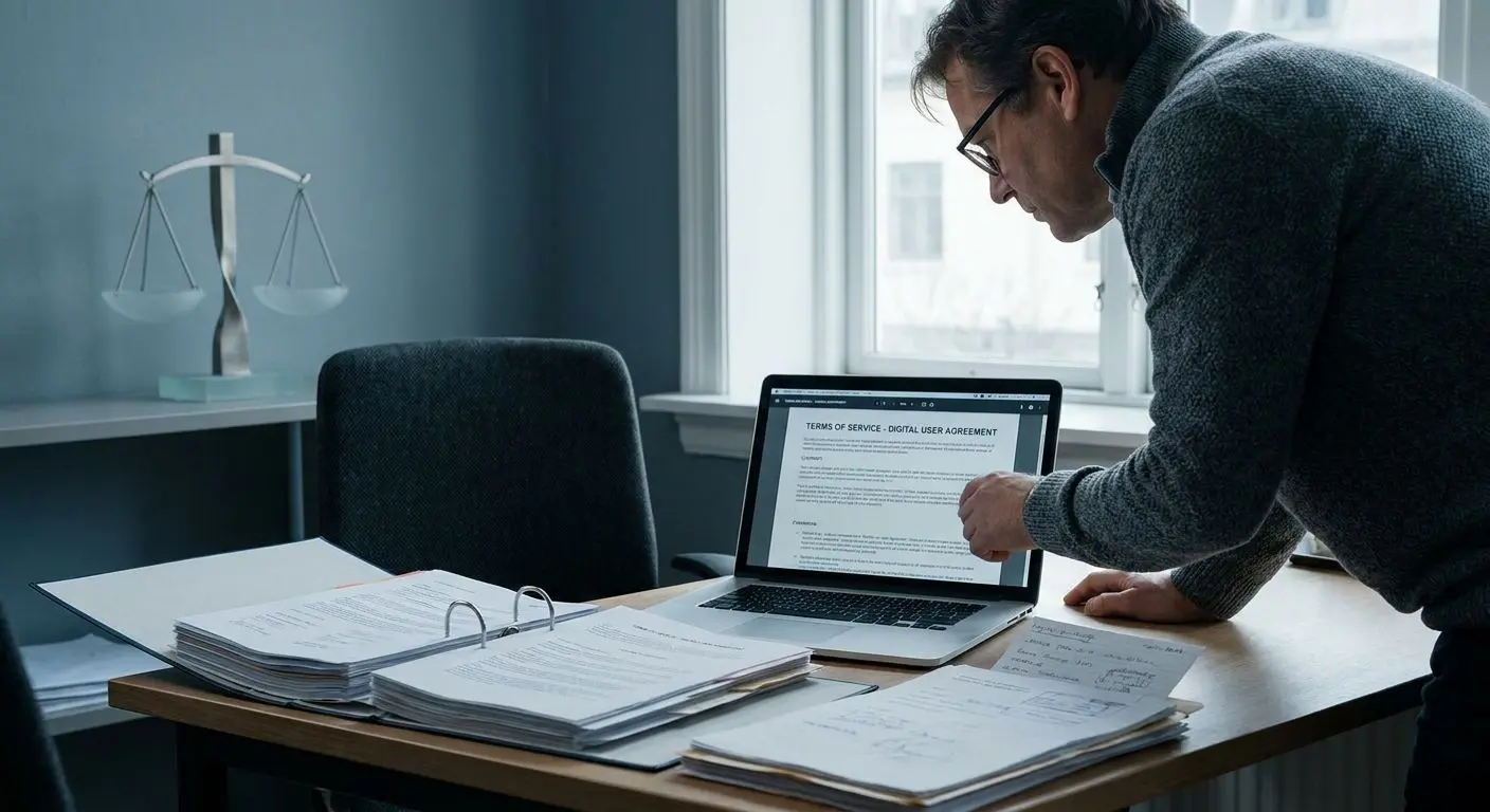 Documentos legales y usuario revisando condiciones en línea