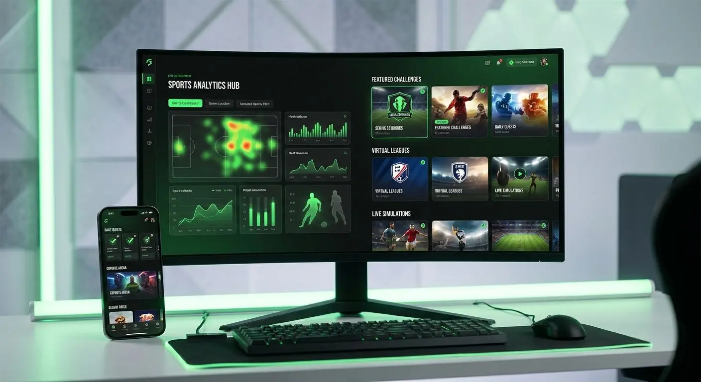 Interfaz genérica en desktop y móvil con secciones de deportes y juegos