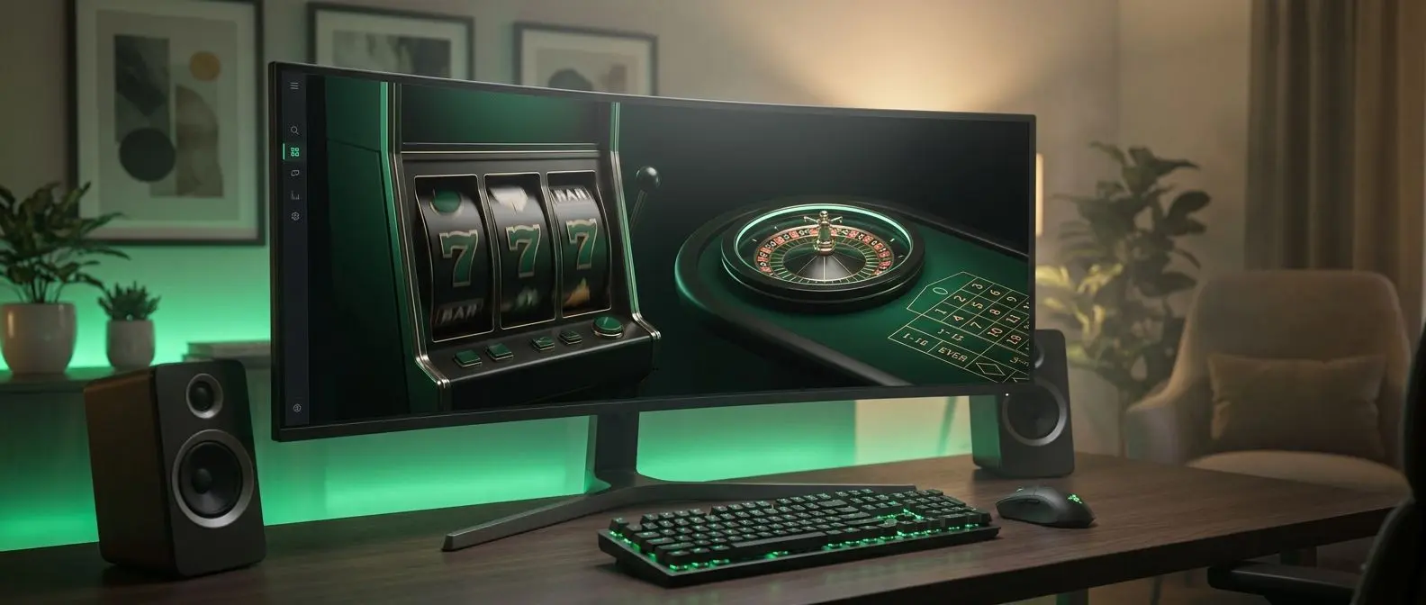 Pantalla con tragamonedas y ruleta en una plataforma online