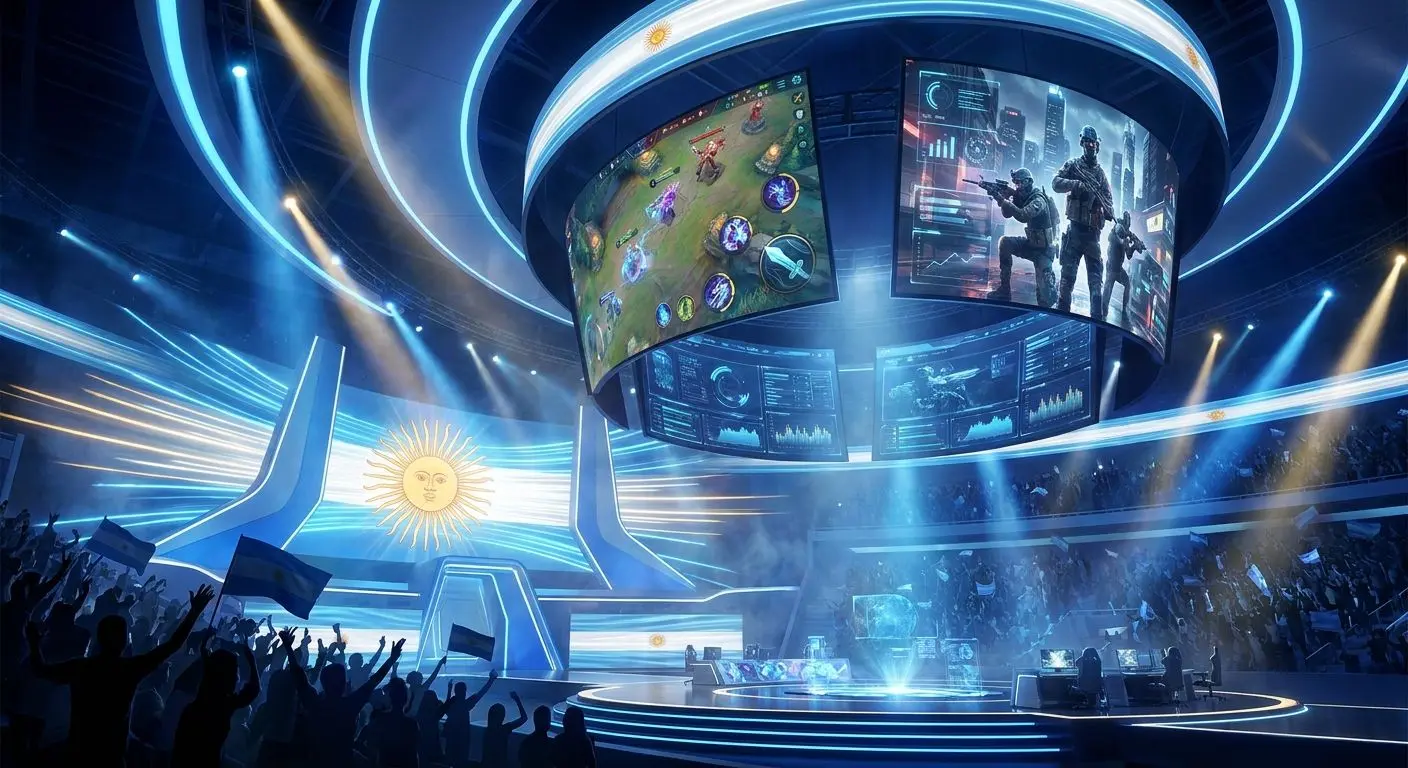 Arena gamer con pantallas de eSports y detalles inspirados en Argentina