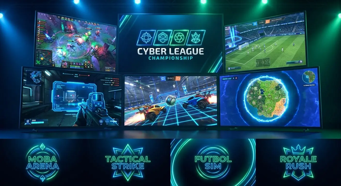 Collage de juegos populares de eSports en una estética deportiva