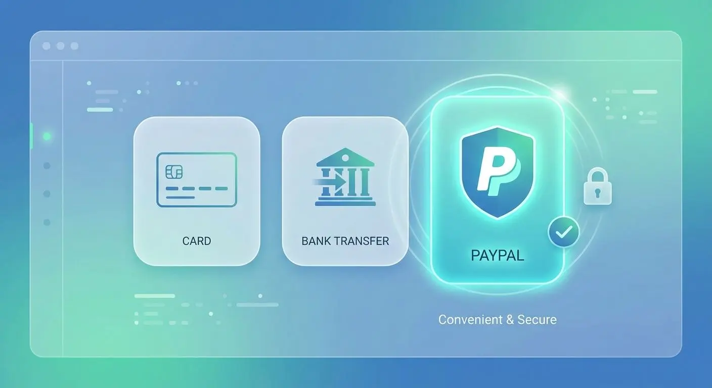 Comparación visual entre PayPal, tarjeta y transferencia para pagos online
