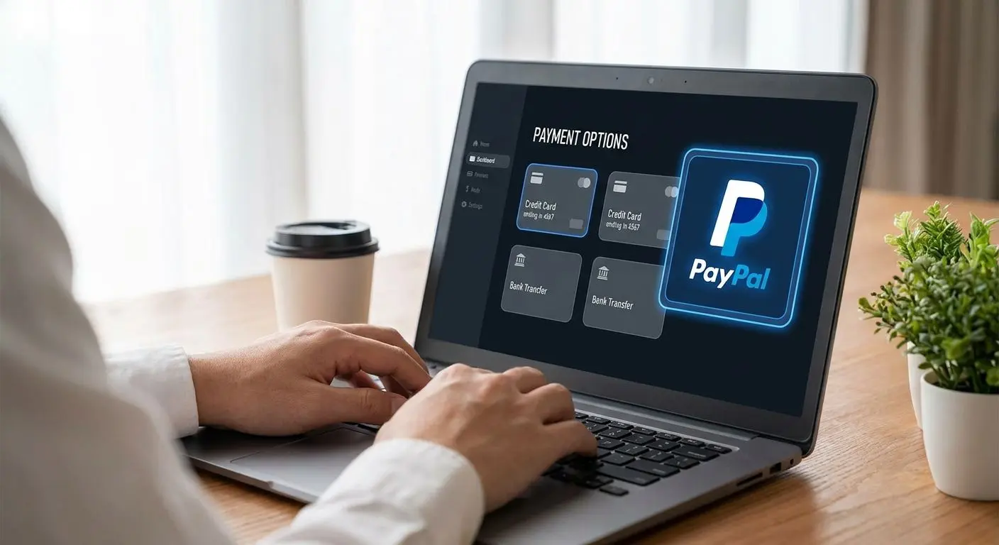 Pantalla con opciones de pago online y PayPal resaltado