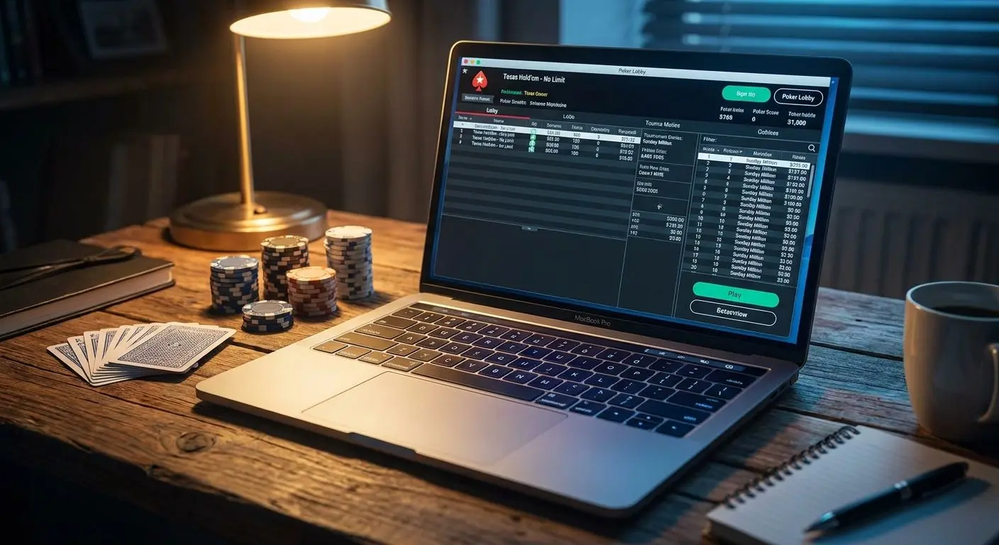 Interfaz general de poker online Notebook con lobby de poker online y mesas abiertas