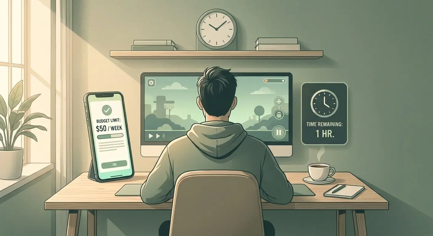 Ilustración de juego responsable con límites y tiempo de sesión