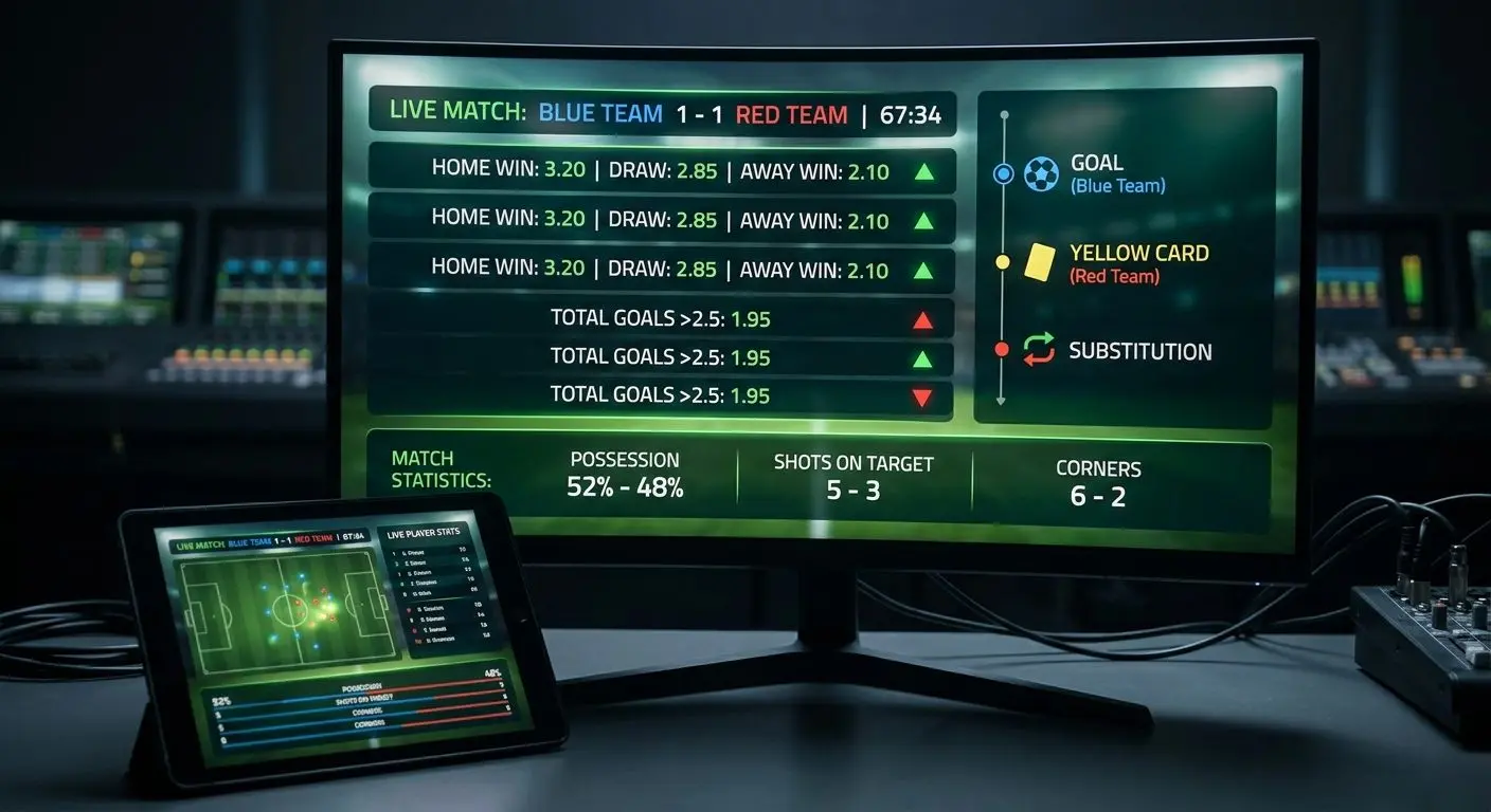Pantalla de partido de fútbol en vivo con marcador y mercados dinámicos