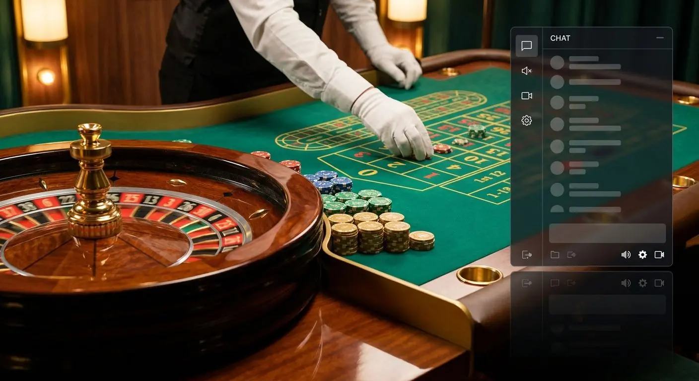 Mesa de ruleta en vivo con fichas y panel lateral
